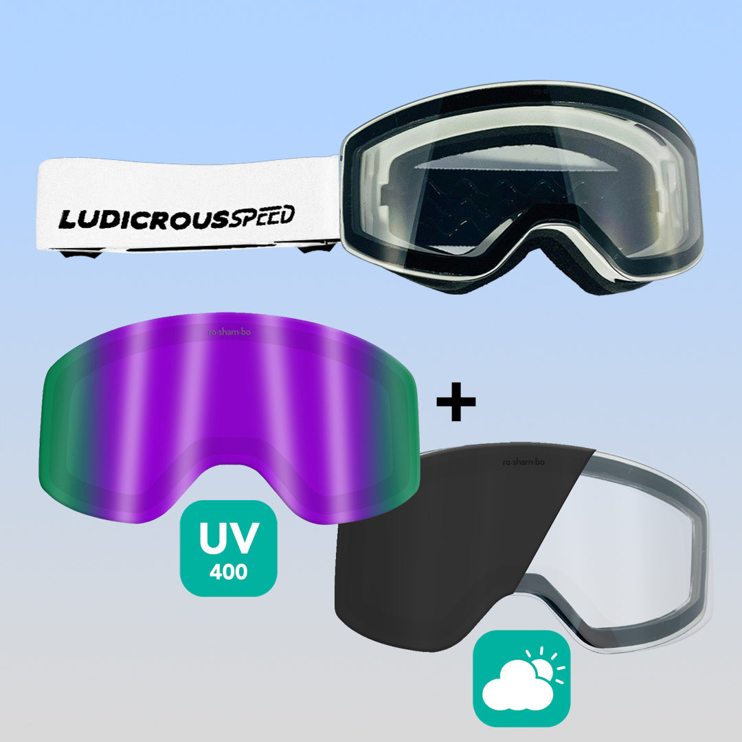 ro•sham•bo eyewear Ludicrous Speed Snow Goggles Set | Youth White Frame Transitioning Clear-to-Dark Grey Lens Mirrored Purple | Playroom Avenue