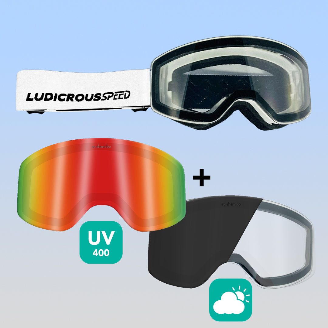 ro•sham•bo eyewear Ludicrous Speed Snow Goggles Set | Youth White Frame Transitioning Clear-to-Dark Grey Lens Mirrored Red Rainbow | Playroom Avenue